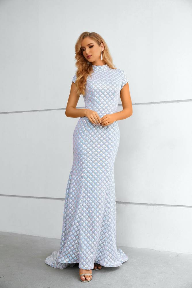 Mermaid Long High Neck Cap Sleeves Formal  Dresses