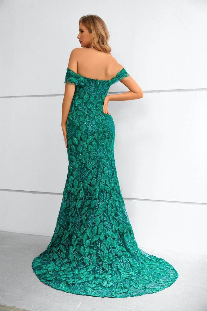 Green Elegant Off-The-Shoulder Mermaid Lace Prom Dresses