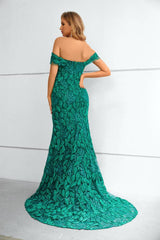 Green Elegant Off-The-Shoulder Mermaid Lace Prom Dresses