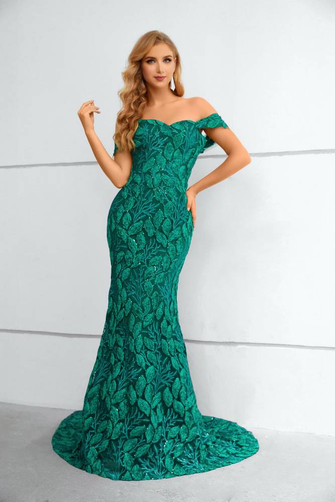 Green Elegant Off-The-Shoulder Mermaid Lace Prom Dresses