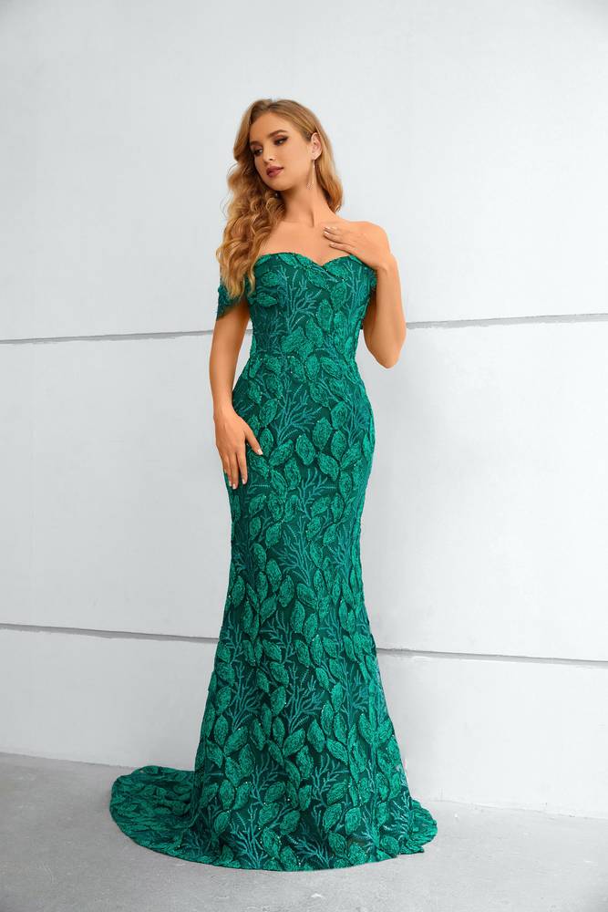 Green Elegant Off-The-Shoulder Mermaid Lace Prom Dresses