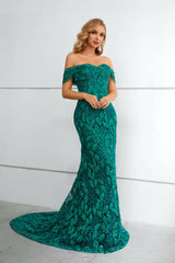 Green Elegant Off-The-Shoulder Mermaid Lace Prom Dresses