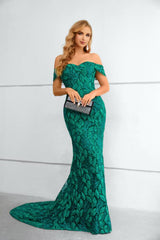 Green Elegant Off-The-Shoulder Mermaid Lace Prom Dresses