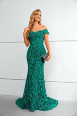 Green Elegant Off-The-Shoulder Mermaid Lace Prom Dresses