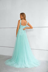 Mint Green Square Neck Mermaid Lace Tulle Prom Dresses