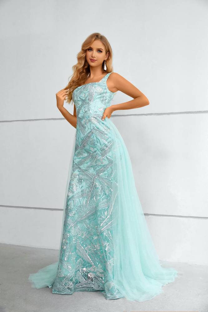 Mint Green Square Neck Mermaid Lace Tulle Prom Dresses