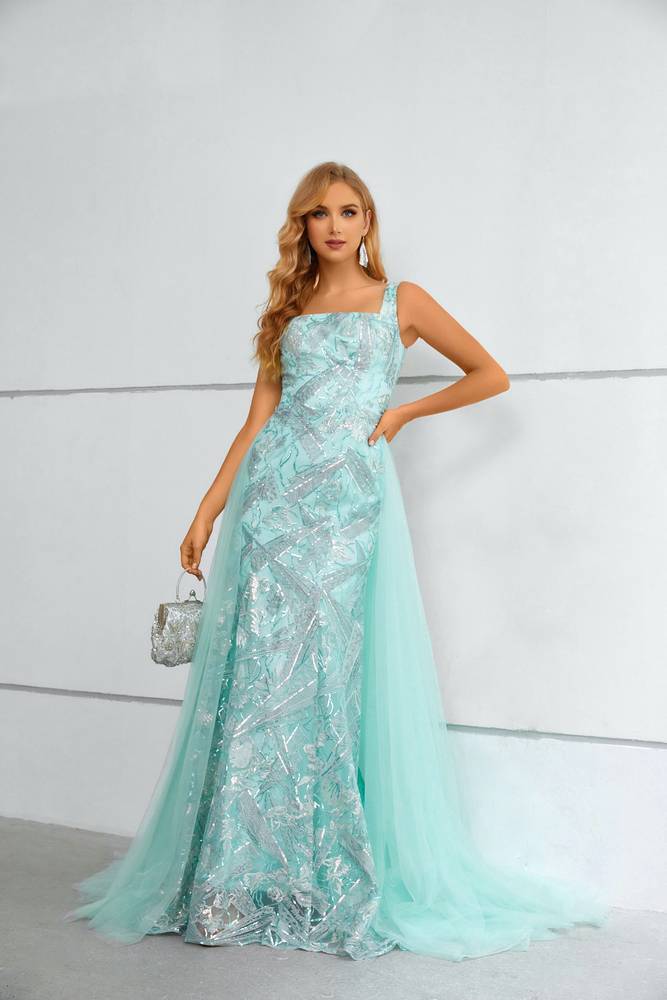 Mint Green Square Neck Mermaid Lace Tulle Prom Dresses