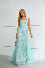 Mint Green Square Neck Mermaid Lace Tulle Prom Dresses