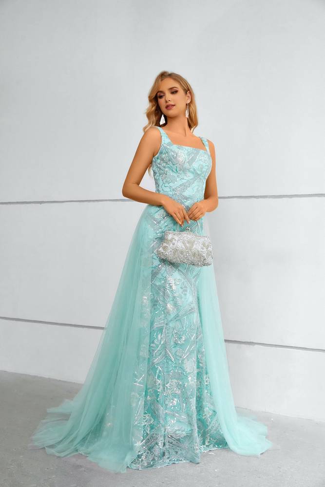 Mint Green Square Neck Mermaid Lace Tulle Prom Dresses