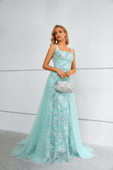 Mint Green Square Neck Mermaid Lace Tulle Prom Dresses