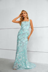 Mint Green Square Neck Mermaid Lace Tulle Prom Dresses
