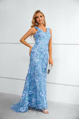 Blue V-Neck Sleeveless Long Lace Mermaid Prom Dresses