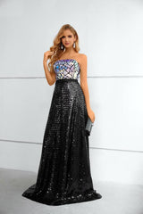 Black Long A-Line Strapless Sequined Prom Dresses