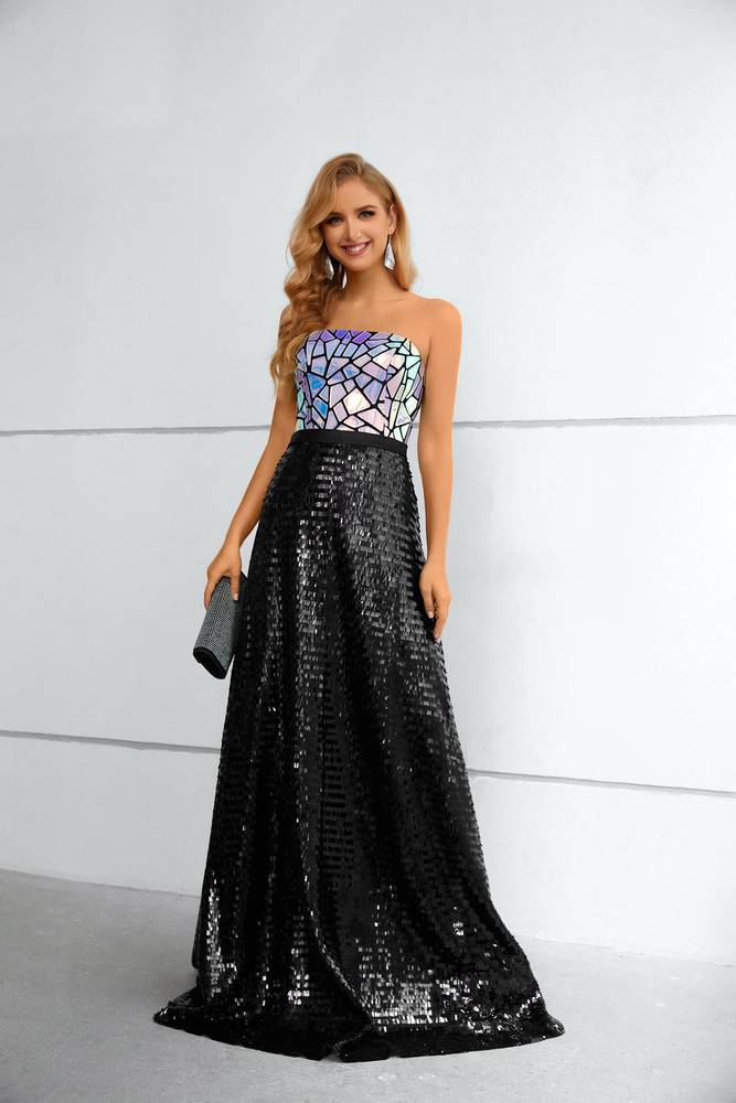 Black Long A-Line Strapless Sequined Prom Dresses
