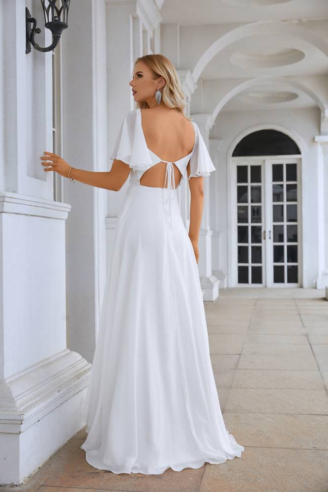 White A-Line Short Sleeves Chiffon Long Formal Dresses with Slit