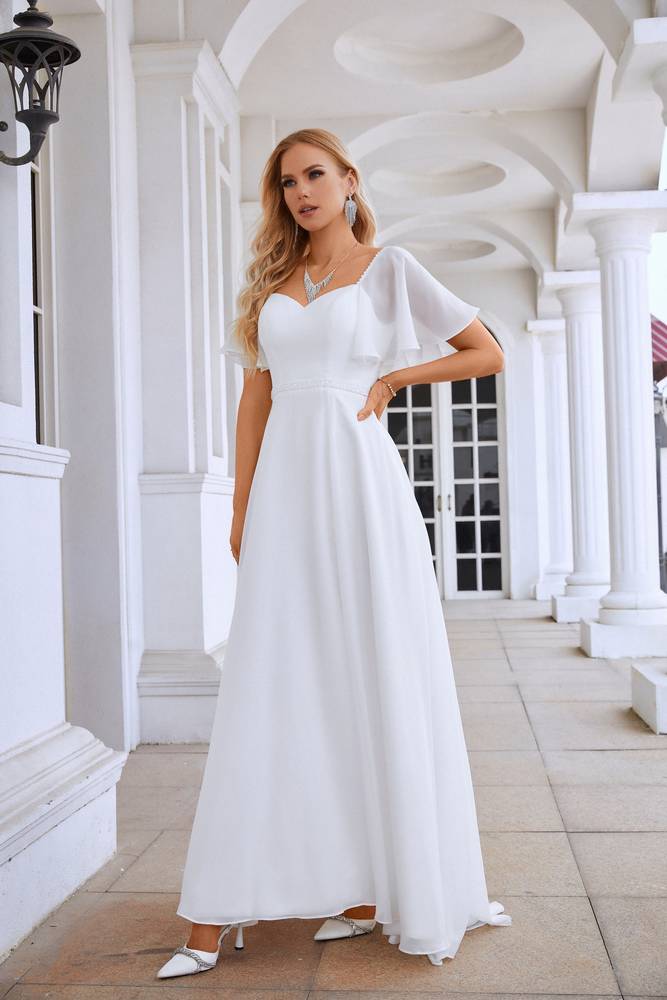 White A-Line Short Sleeves Chiffon Long Formal Dresses with Slit