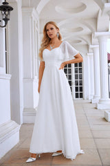 White A-Line Short Sleeves Chiffon Long Formal Dresses with Slit