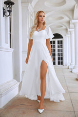 White A-Line Short Sleeves Chiffon Long Formal Dresses with Slit