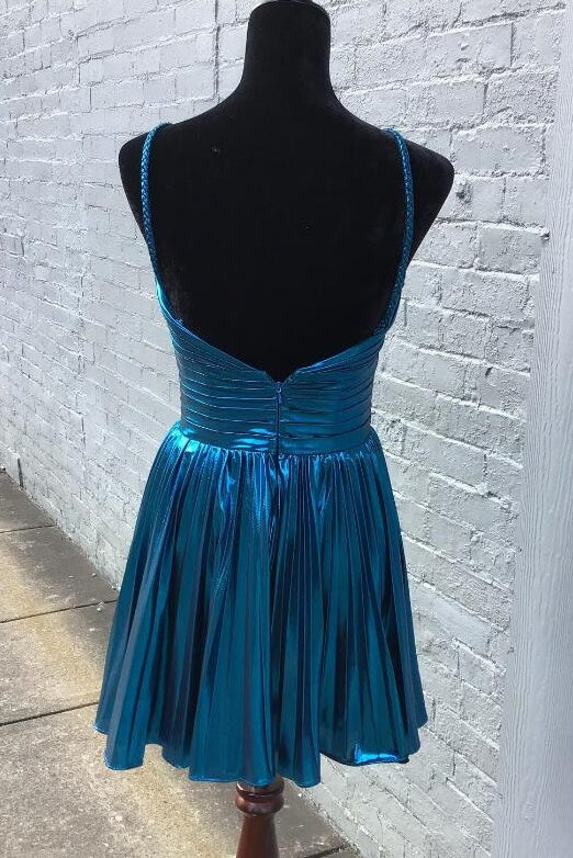 Ink Blue Spaghetti Straps Backless Homecoming Dresses with Ruffles