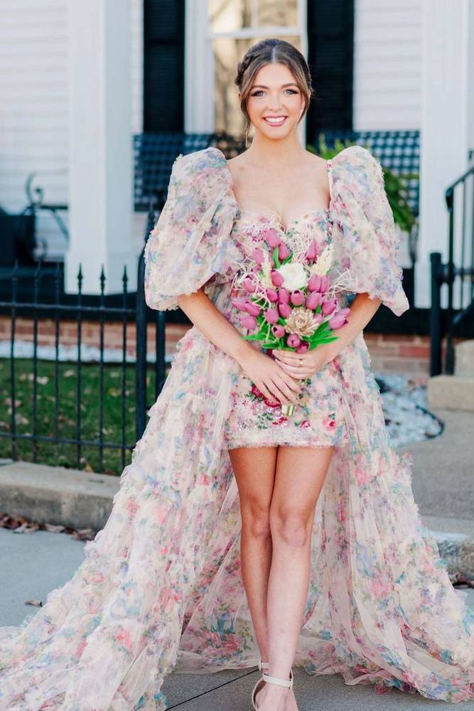 Charming Half Sleeves Tulle Floral Prom Dresses