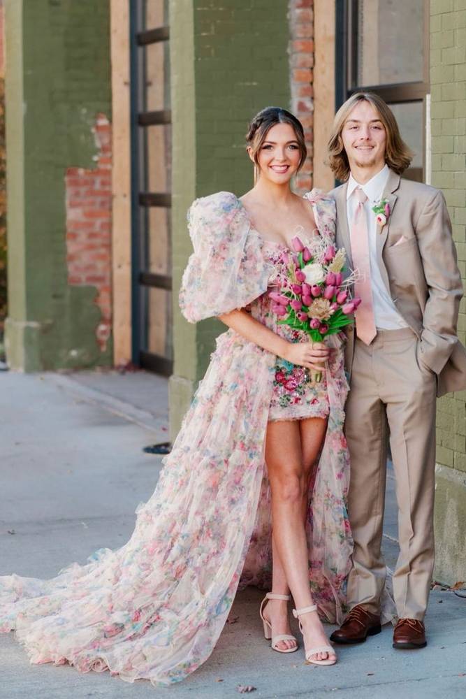Charming Half Sleeves Tulle Floral Prom Dresses