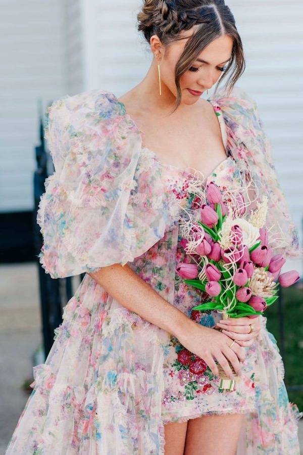 Charming Half Sleeves Tulle Floral Prom Dresses