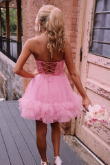 Pink Strapless A-Line Tulle Homecoming Dresses with Appliques