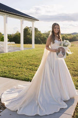 White Deluxe Strapless Sweetheart A-LIne Satin Wedding Dresses