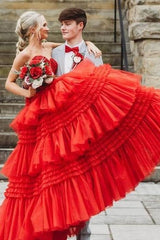 Red Tiered Tulle Sweetheart A-Line Prom Dresses with Slit