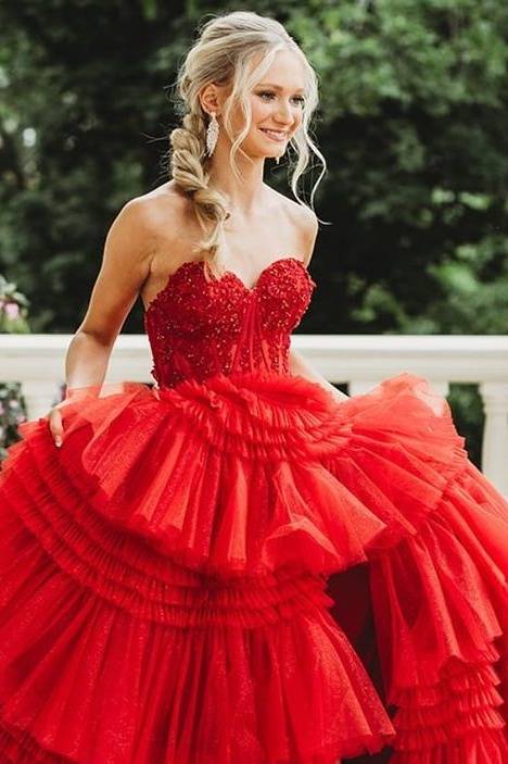 Red Tiered Tulle Sweetheart A-Line Prom Dresses with Slit