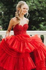 Red Tiered Tulle Sweetheart A-Line Prom Dresses with Slit