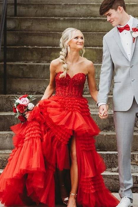 Red Tiered Tulle Sweetheart A-Line Prom Dresses with Slit
