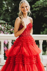 Red Tiered Tulle Sweetheart A-Line Prom Dresses with Slit