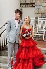 Red Tiered Tulle Sweetheart A-Line Prom Dresses with Slit