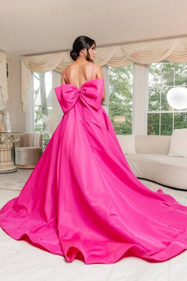 Fuchsia Spaghetti Straps A-Line Satin Party Evening Dresses with Bow