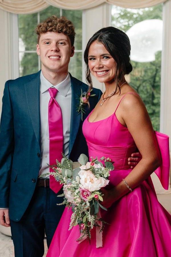 Fuchsia Spaghetti Straps A-Line Satin Party Evening Dresses with Bow