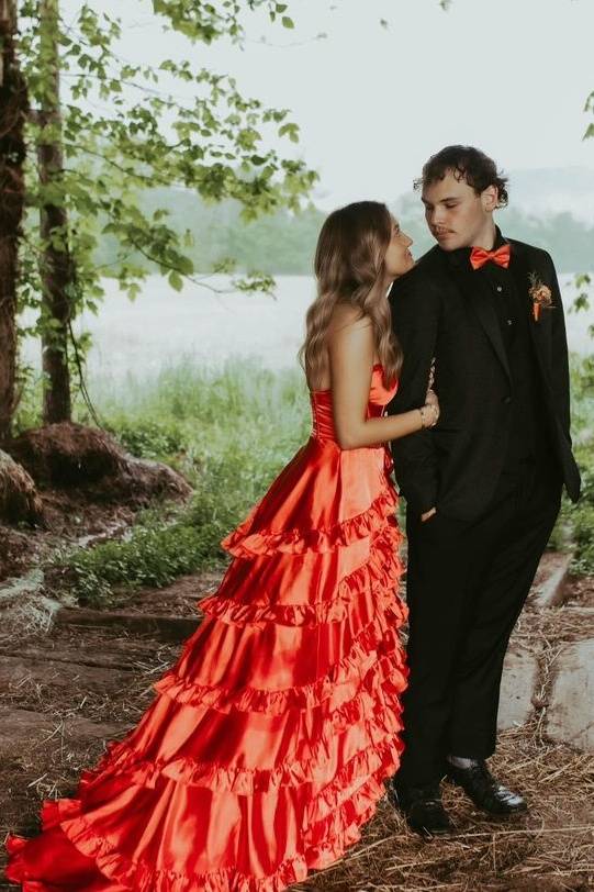Red Halter Backless A-Line Satin Prom Evening Dresses with Slit