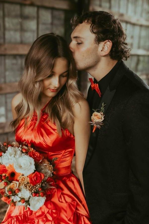 Red Halter Backless A-Line Satin Prom Evening Dresses with Slit