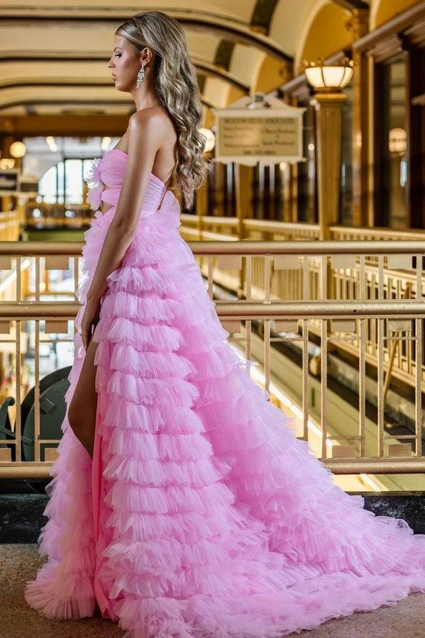 Pink Tiered Strapless Tulle A-Line Party Prom Dresses with Slit