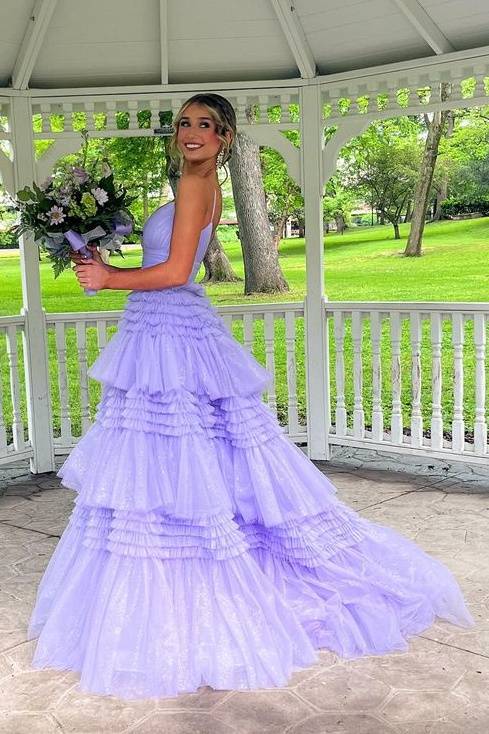 Lavender V-Neck Tiered A-Line Tulle Long Prom Dresses