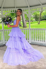 Lavender V-Neck Tiered A-Line Tulle Long Prom Dresses