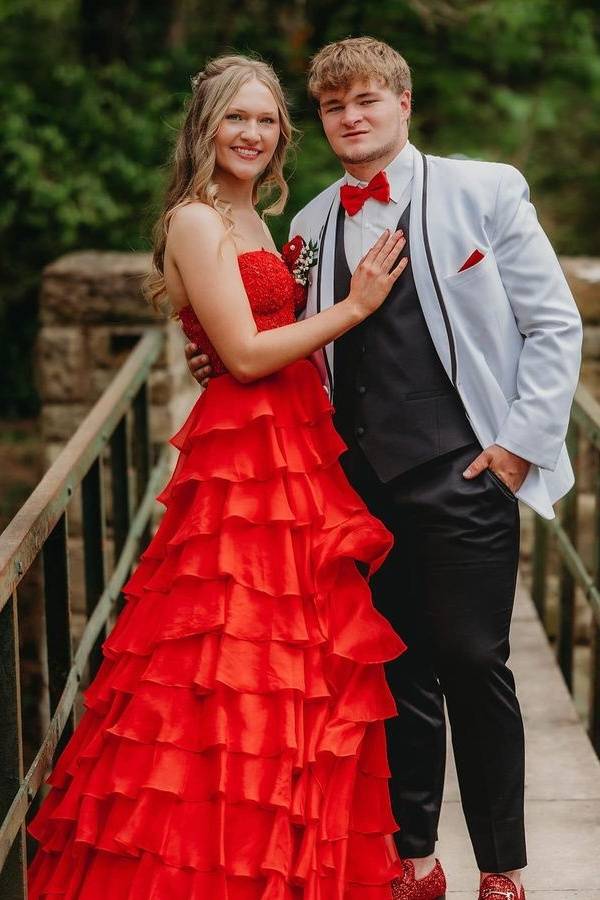 Red Tiered A-Line Chiffon Lace Prom Dresses with Slit