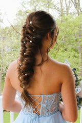 Sky Blue Tiered A-Line Chiffon Formal Prom Dresses with Appliques