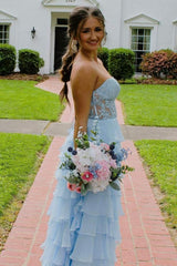 Sky Blue Tiered A-Line Chiffon Formal Prom Dresses with Appliques