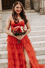 Red Tiered A-Line Tulle Split Front Prom Dresses