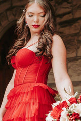 Red Tiered A-Line Tulle Split Front Prom Dresses