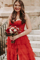 Red Tiered A-Line Tulle Split Front Prom Dresses