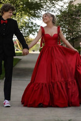 Red Long A-Line Satin Sleeveless Formal Party Dresses
