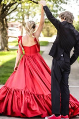 Red Long A-Line Satin Sleeveless Formal Party Dresses