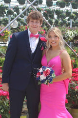 Fuchsia Mermaid Long Satin V-Neck Formal Prom Dresses with Bow